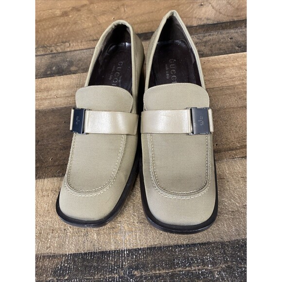 Vintage Gucci Canvis Loafers Size 9 Women’s Taupe Heeled Square Toe with Buckle - Picture 3 of 16